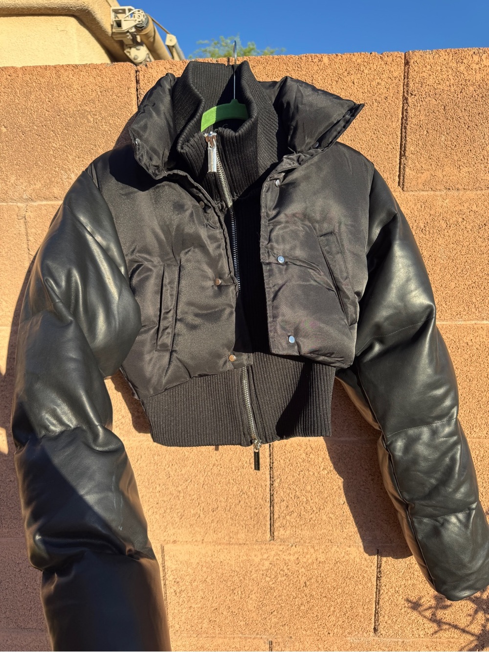 Manière De Voir Vegan Leather Puffer Sleeve Layered Jacket Black Cropped Y2K